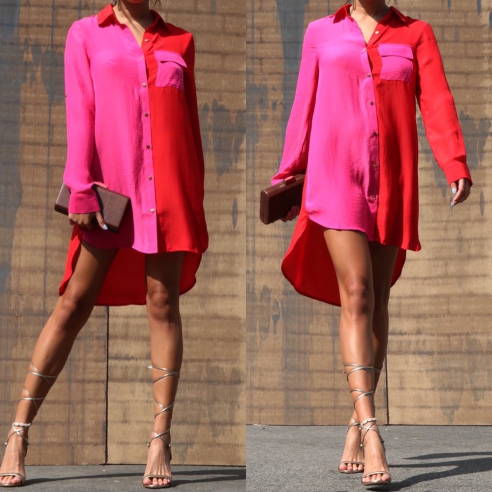My Funny Valentine Red and Pink Colorblock Shirt Dress - Picture 2 of 5